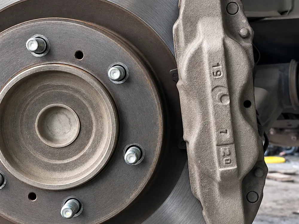 Brake disc and caliper on a car with the wheel removed