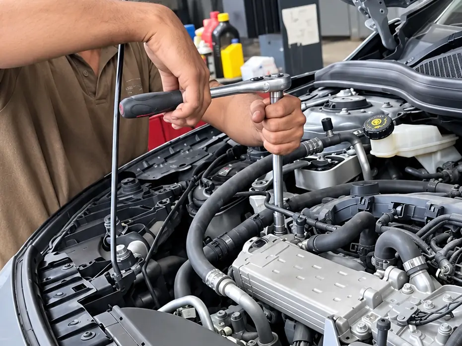 Mechanic working on a Mercedes-Benz engine