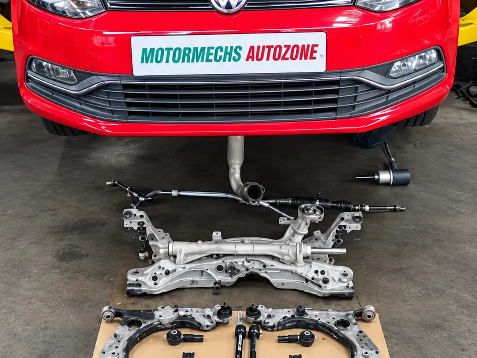 Red Volkswagen Polo with its front suspension parts laid out on the floor