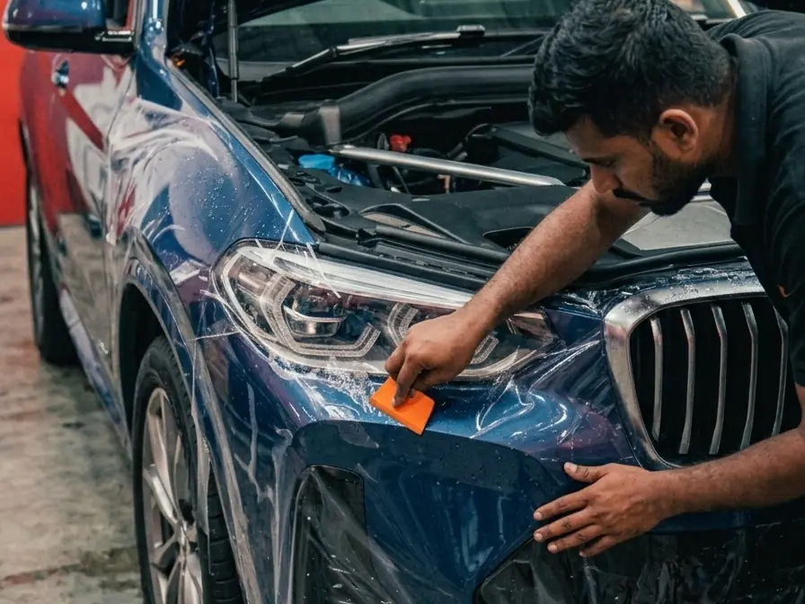 Paint protection film being applied to a BMW's front