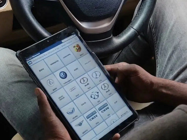 Diagnostic scanner tablet connected to a BMW