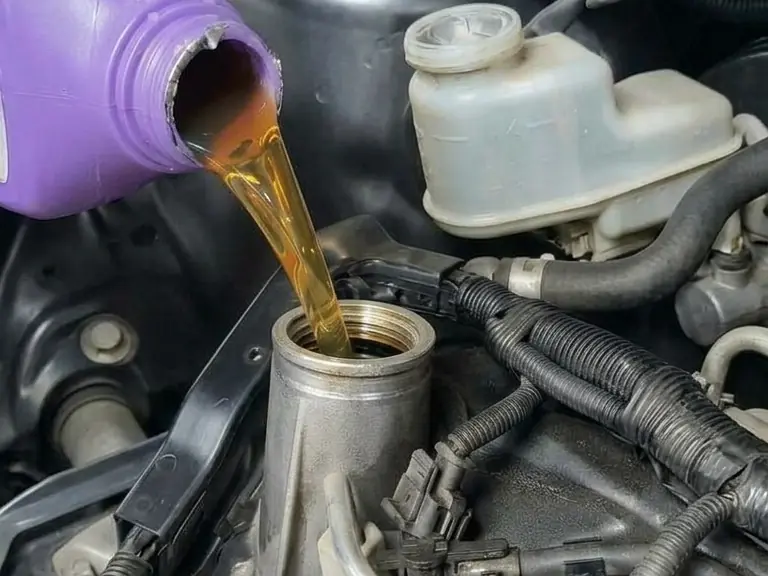 Fresh engine oil being poured into an engine