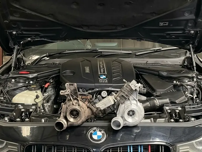 BMW engine with the turbocharger removed for repair